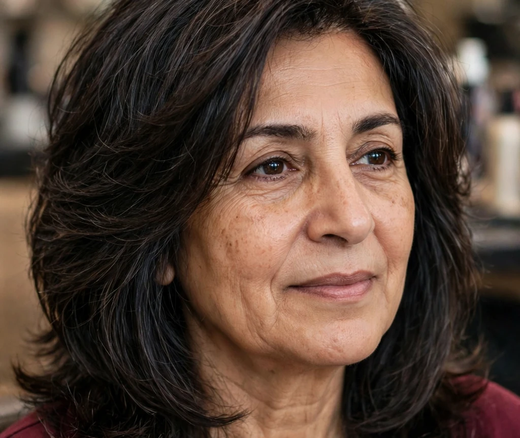 Middle Eastern woman with highlighted dark shoulder-length hair on a city street