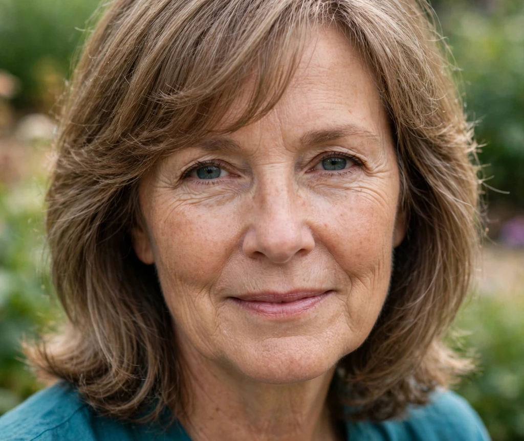 Woman in her 50s with a layered blonde lob with fringe in a garden