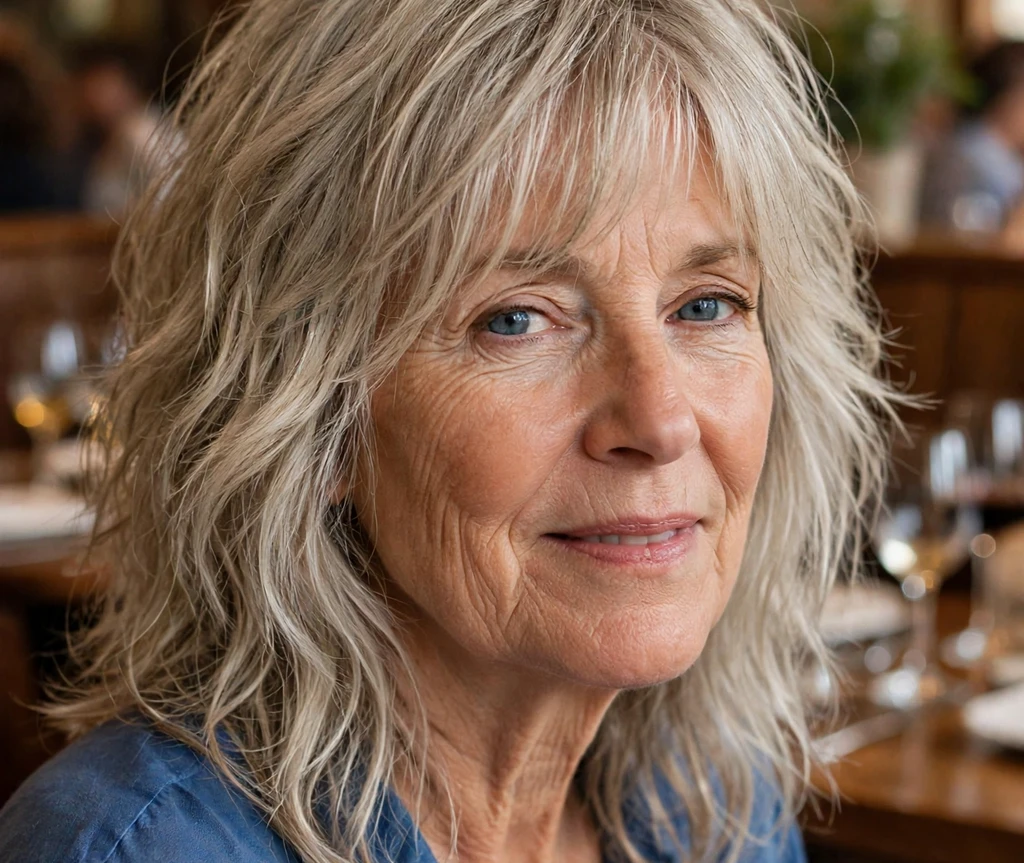 Woman in her 60s with silver wavy shoulder-length hair in a restaurant