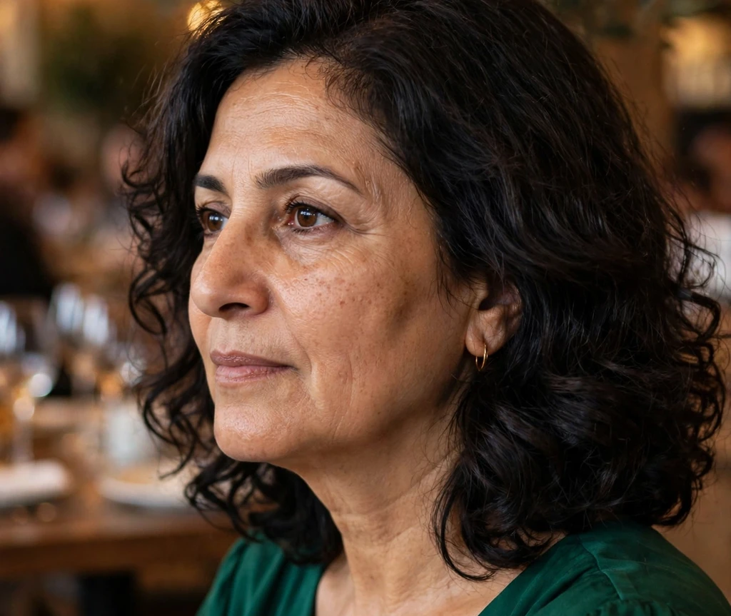 Middle Eastern woman with dark curly shoulder-length hair in a restaurant