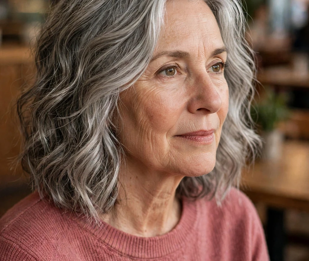 Woman with silver-gray wavy shoulder-length hair at home