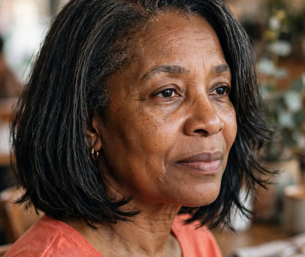Black woman with highlighted dark shoulder-length hair at home
