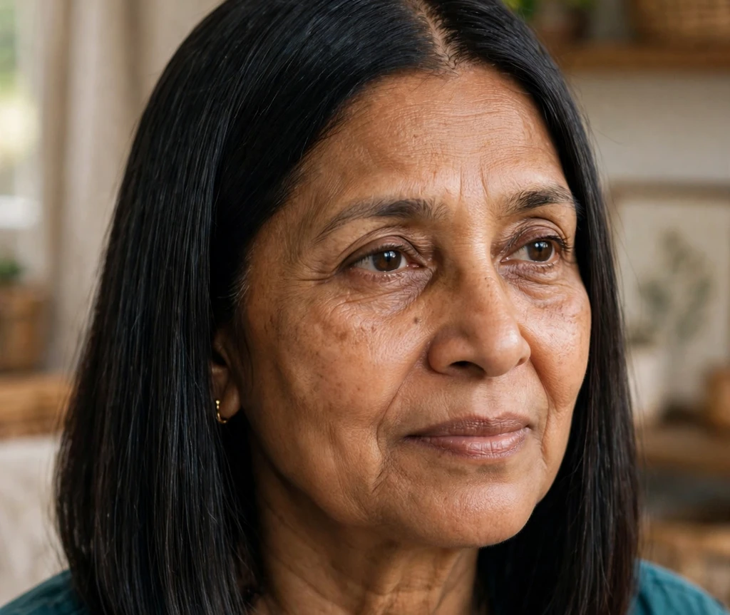 South Asian woman with straight dark shoulder-length hair at home