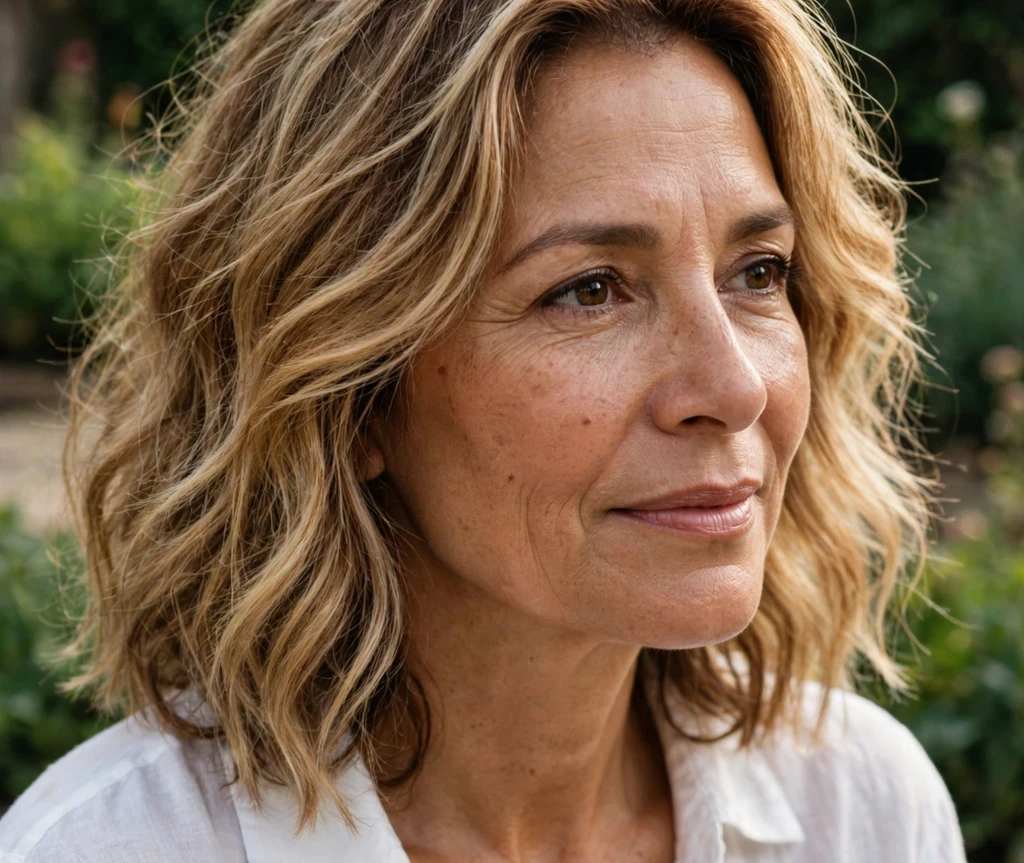 Latina woman with a blonde wavy lob in a garden