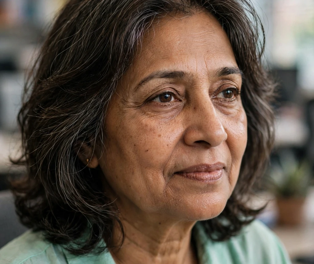 South Asian woman with dark wavy shoulder-length hair in a cafe