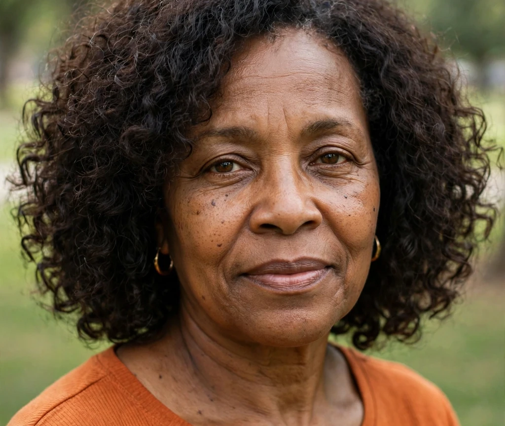 Black woman with dark curly shoulder-length hair in a park