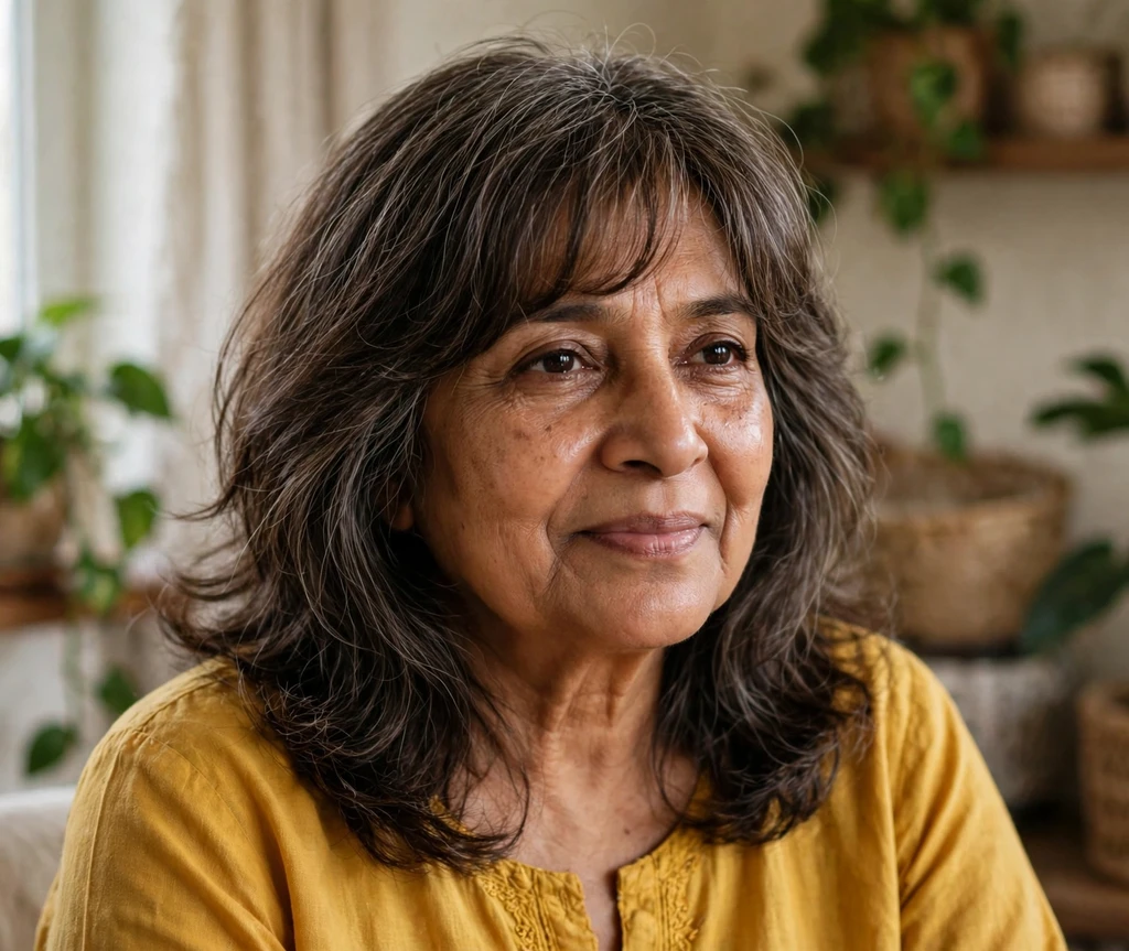 South Asian woman with dark wavy shoulder-length hair and fringe at home
