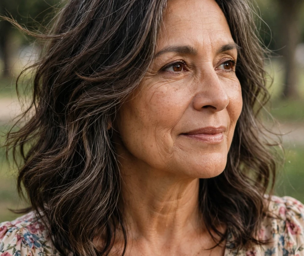 Latina woman with dark wavy shoulder-length hair and floral top in a cafe