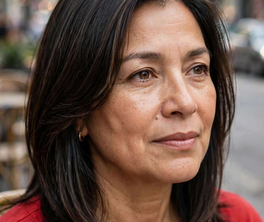 Latina woman with straight dark shoulder-length hair and red top on a city street