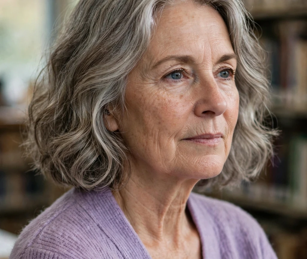 Woman with silver-gray wavy shoulder-length hair near a bookshelf