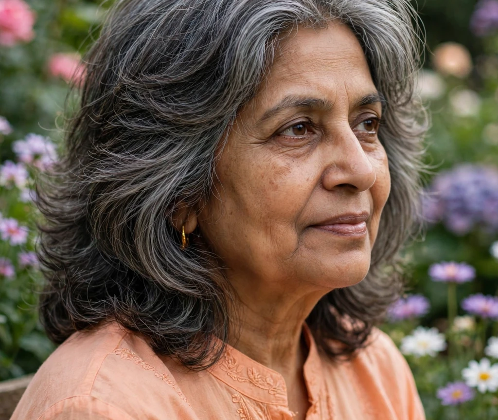 South Asian woman with gray wavy shoulder-length hair in a garden