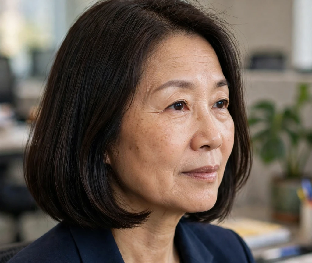 East Asian woman with a dark shoulder-length bob on a city street