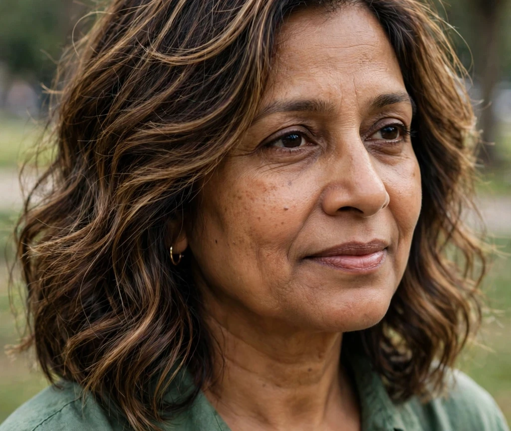 South Asian woman with highlighted brown wavy shoulder-length hair in a garden