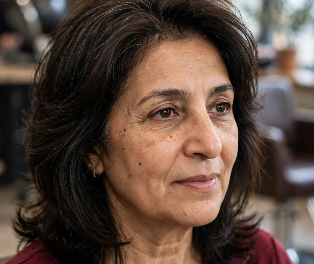 Middle Eastern woman with voluminous dark shoulder-length hair at home