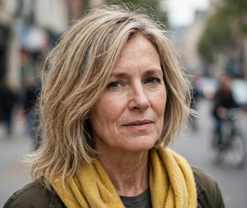 Woman with blonde shoulder-length hair and yellow scarf on a city street