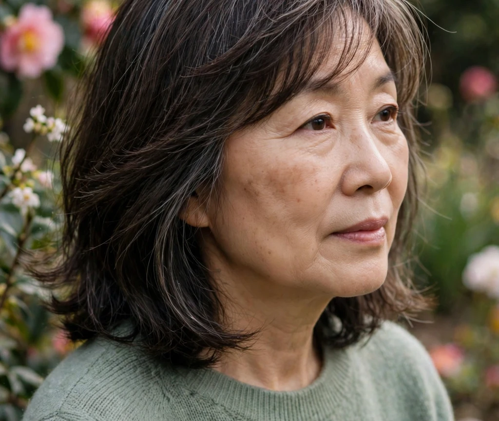 East Asian woman with dark shoulder-length hair in a cafe