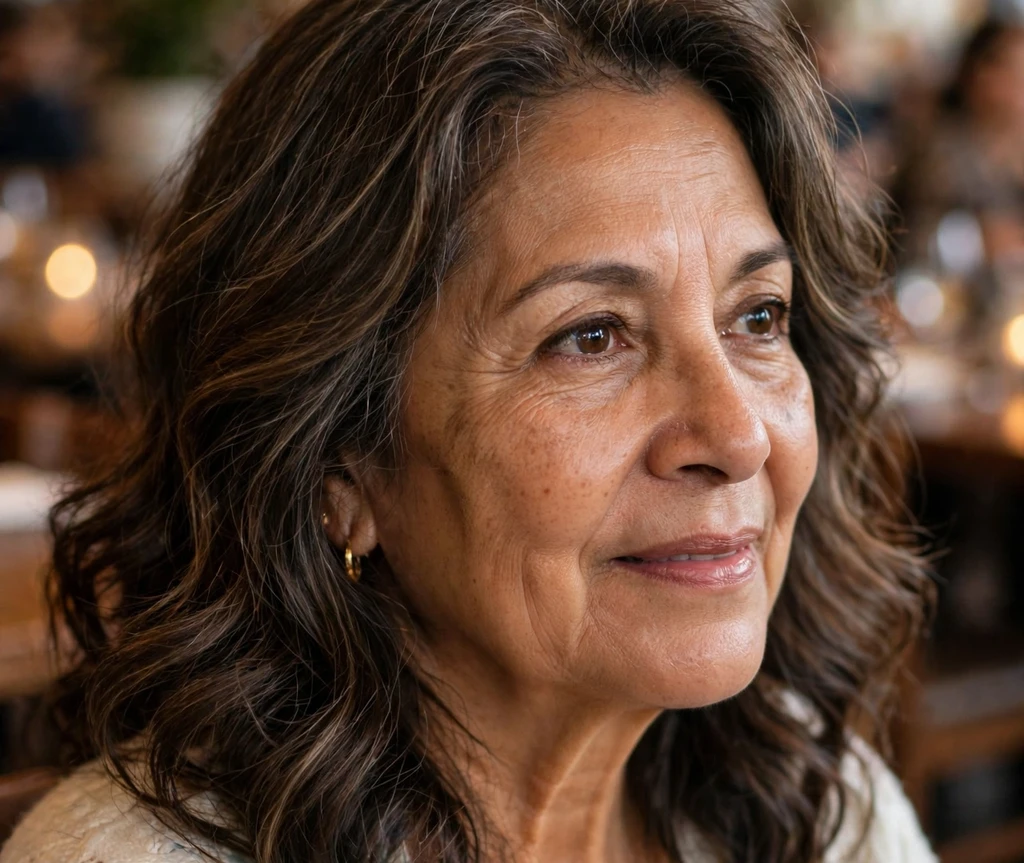 Middle Eastern woman with dark wavy shoulder-length hair in a restaurant