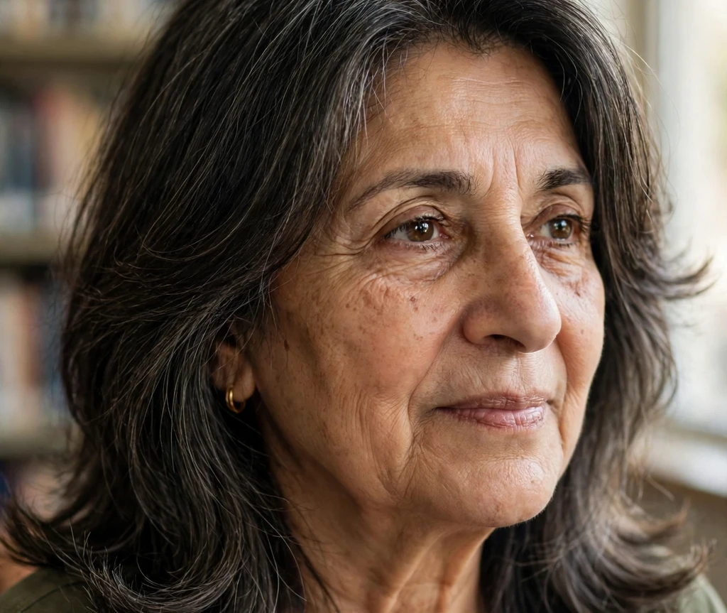 South Asian woman with gray-streaked dark shoulder-length hair at home