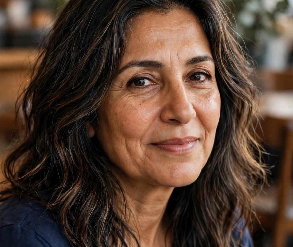 Middle Eastern woman with dark wavy shoulder-length hair in a salon