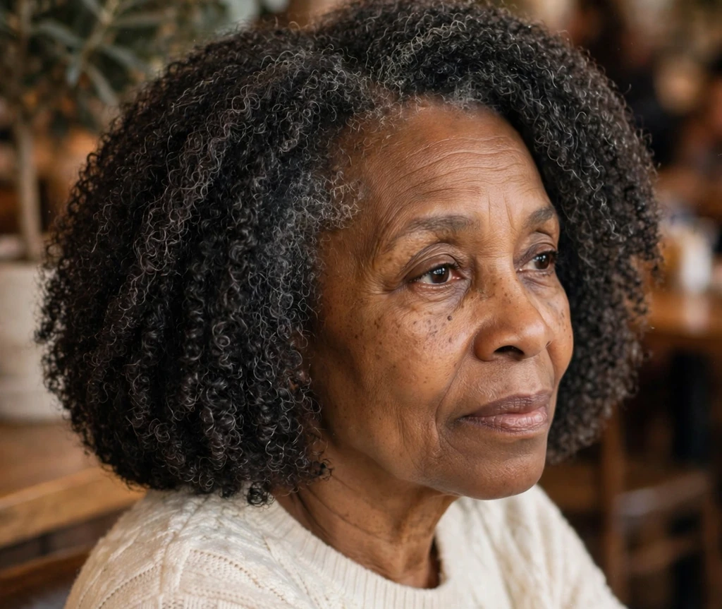 Black woman with gray curly shoulder-length hair in a cream sweater