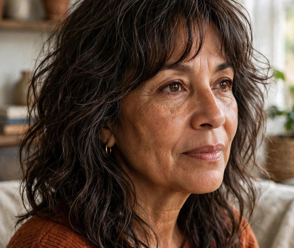 Latina woman with a dark shaggy shoulder-length cut with fringe in a cafe