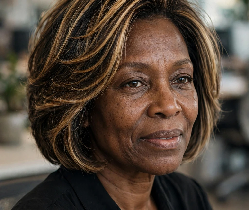 Black woman with a highlighted dark shoulder-length bob on a city street