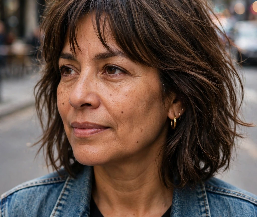 Latina woman with a dark wavy shoulder-length bob and denim jacket