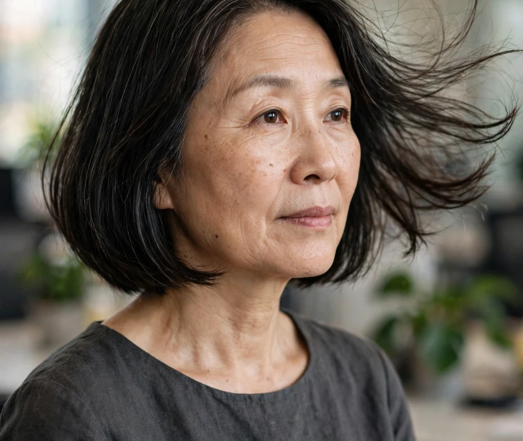 East Asian woman with windswept dark shoulder-length bob on a city street