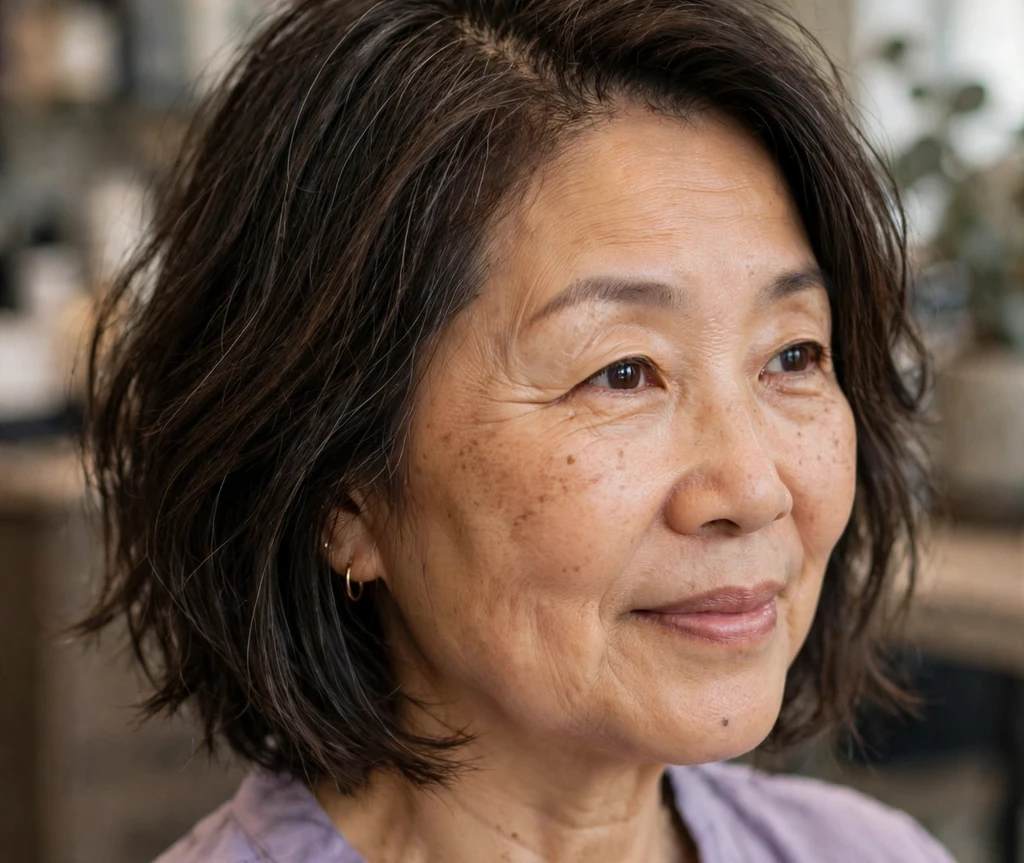 East Asian woman with a dark shoulder-length bob at home