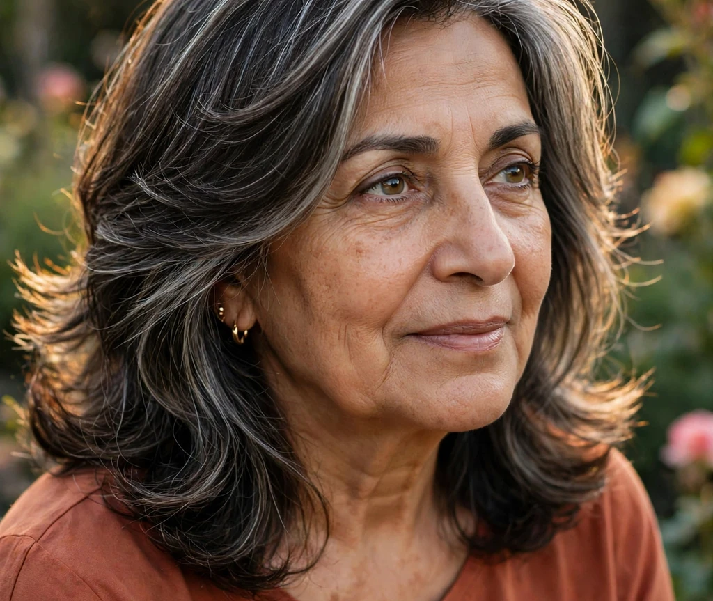 South Asian woman with gray-streaked dark wavy shoulder-length hair in a cafe