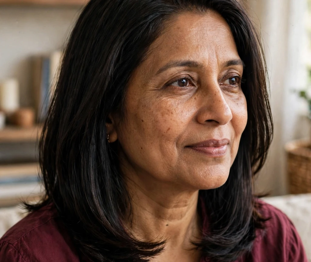 South Asian woman with straight dark shoulder-length hair in a maroon top
