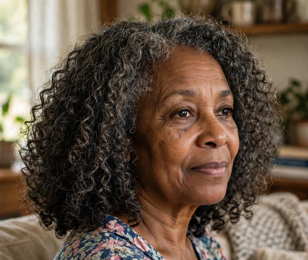 Black woman with gray curly shoulder-length hair in a floral top