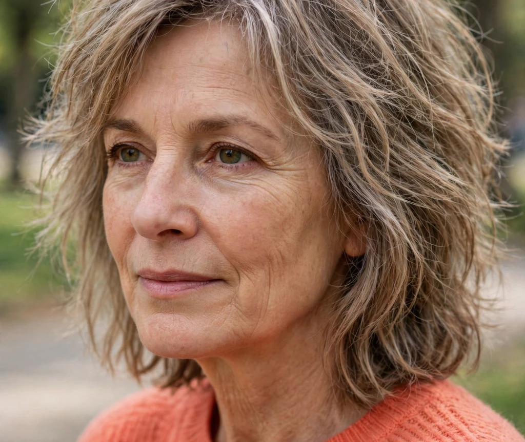Woman with blonde shaggy shoulder-length hair at home