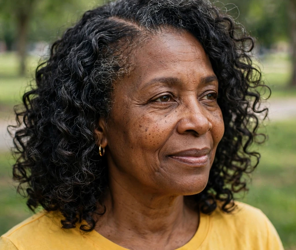 Black woman with dark curly shoulder-length hair and yellow top in a park
