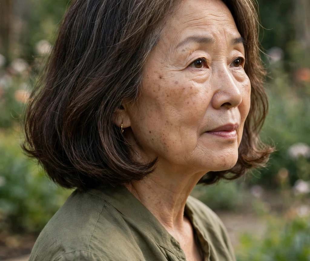 East Asian woman with a dark shoulder-length bob in a garden