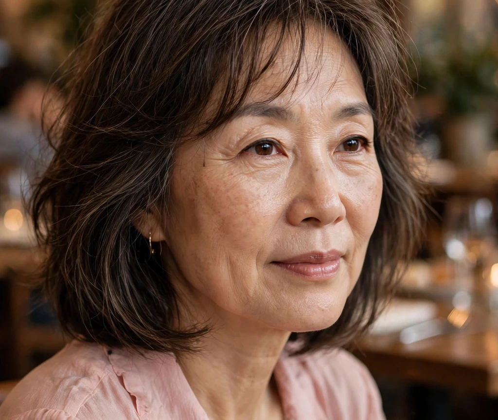East Asian woman with dark shoulder-length hair and bangs in a cafe