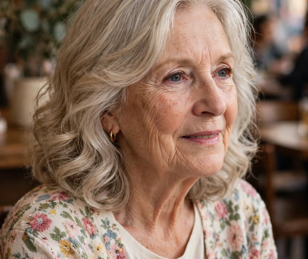 Woman in her 60s with silver wavy shoulder-length hair and floral cardigan