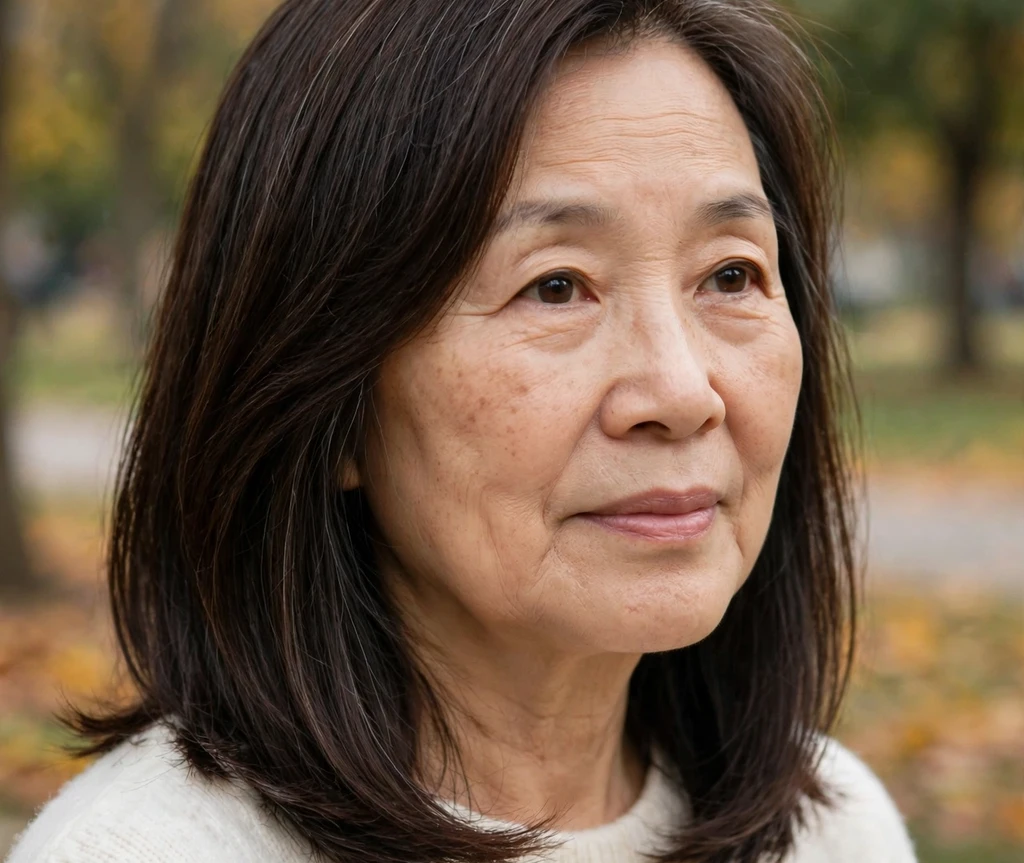 East Asian woman with dark shoulder-length hair in a park