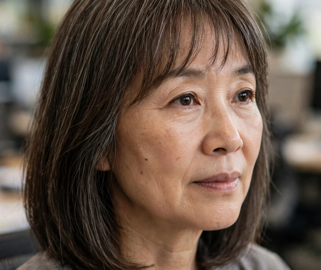 East Asian woman with dark shoulder-length hair and bangs in a salon