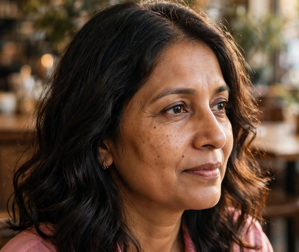 South Asian woman with dark wavy shoulder-length hair in a pink top