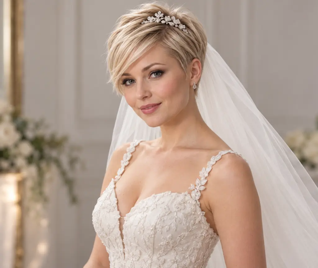 Side-Swept Pixie with a Small Tiara and Long Veil