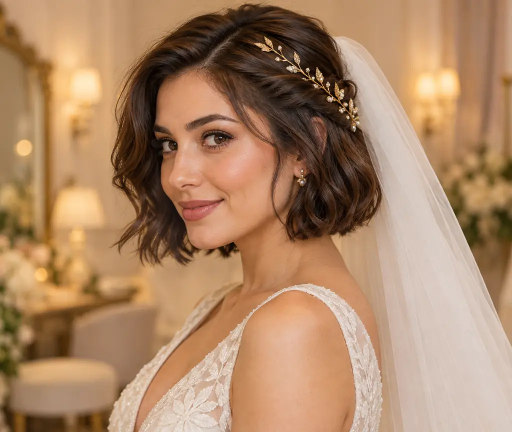 Side-Twisted Bob with a Delicate Gold Hair Vine