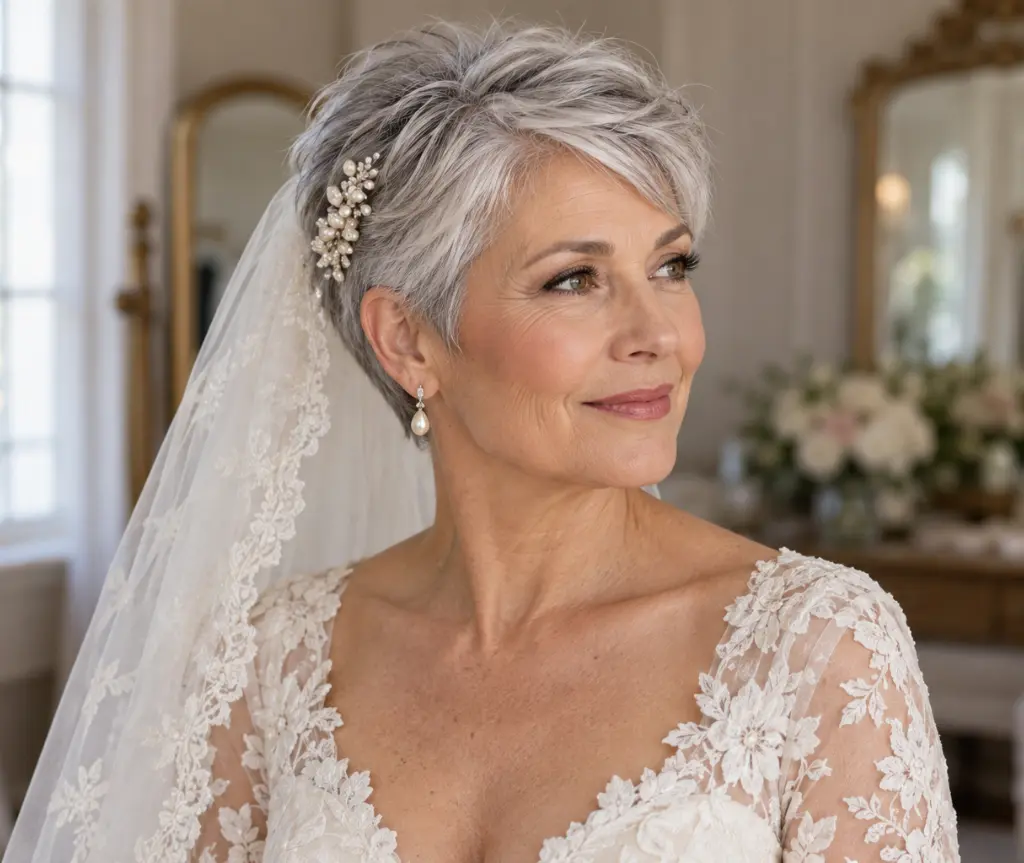 Silver Pixie with a Pearl Clip and Lace Veil