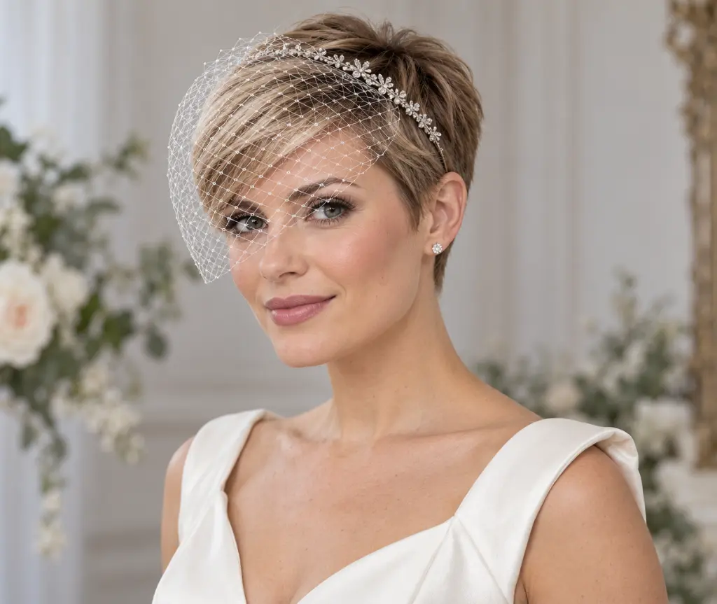 Sleek Pixie with a Crystal Headband and Birdcage Veil