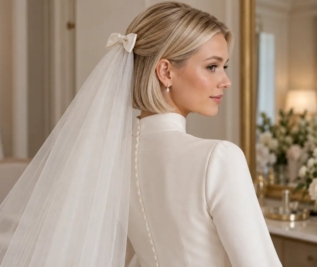 Sleek Tucked Bob with a Satin Bow and Chapel Veil