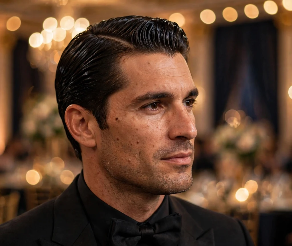 Classic slick back with a precise side part and mirror shine on thick dark hair, black tuxedo, gala ballroom bokeh