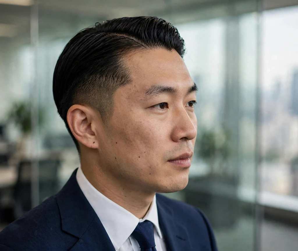 Slick back undercut with long top combed straight back and short disconnected sides on straight black hair, navy suit, modern office