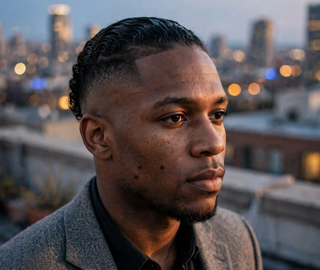 Slick back with crisp high fade and swept-back top on short coily hair, gray blazer, city rooftop at dusk