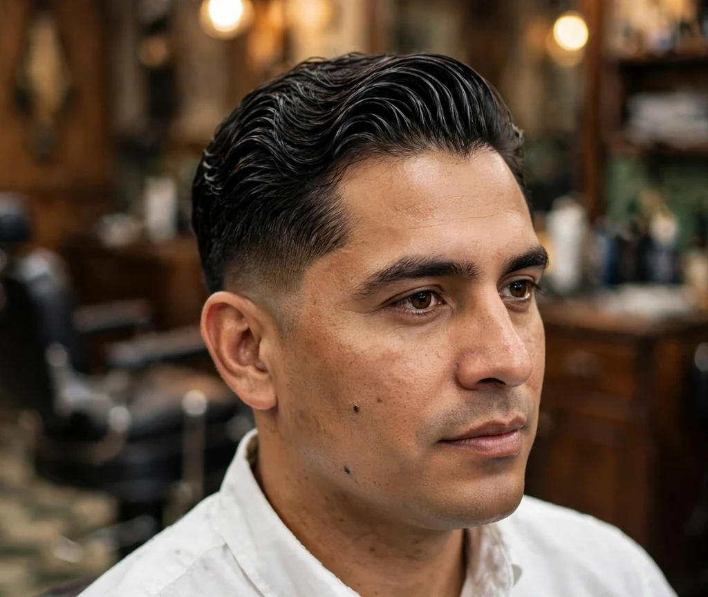 Slick back with mid fade and neatly swept-back wavy top on dark hair, white shirt, classic barbershop