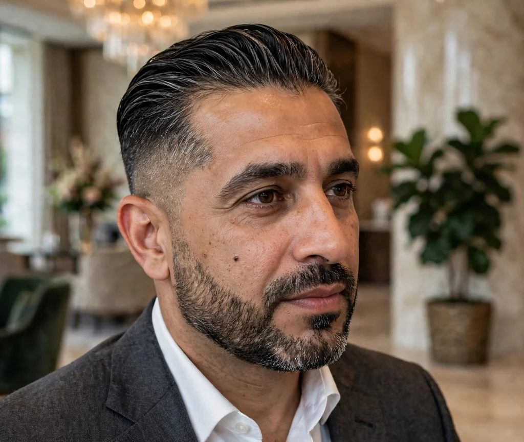 Slick back with subtle low fade and swept-back dark hair with gray temples, charcoal suit, luxury hotel lobby